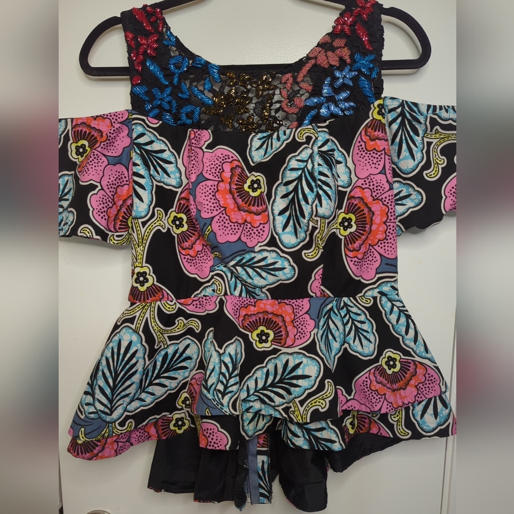 Beautiful Peplum Ankara Top, Floral Print And Beaded Chest Detail